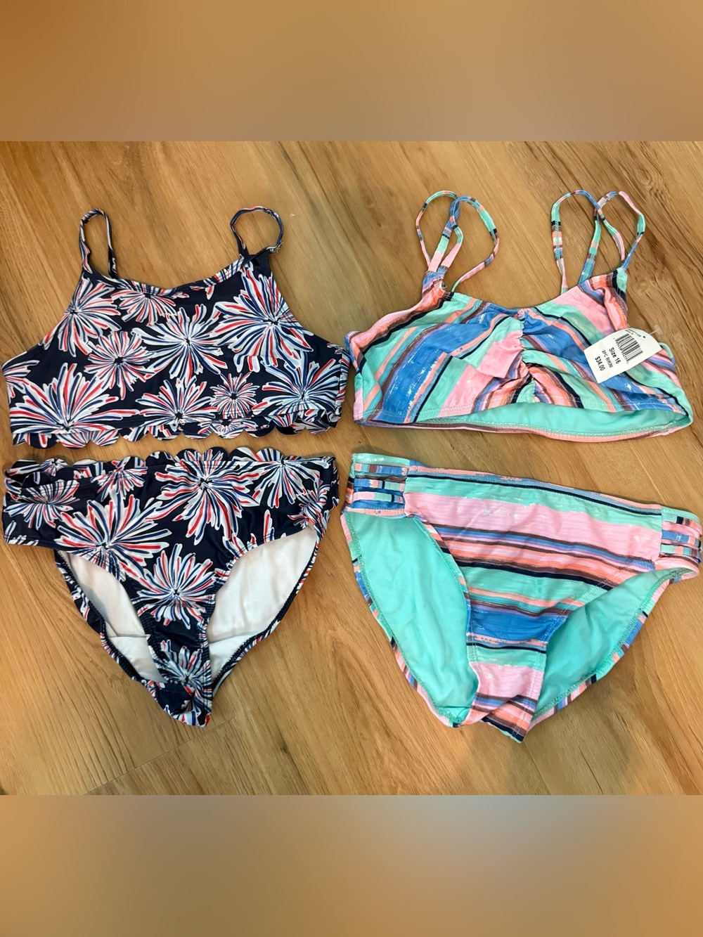 Girls Two-Piece Bikini Set 16 - Navy Floral & Pastel Stripes. One has tags